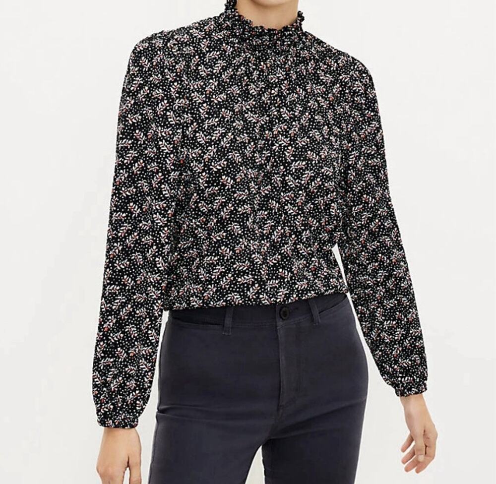 Loft Black Floral Mock Neck Long Sleeve Top Medium